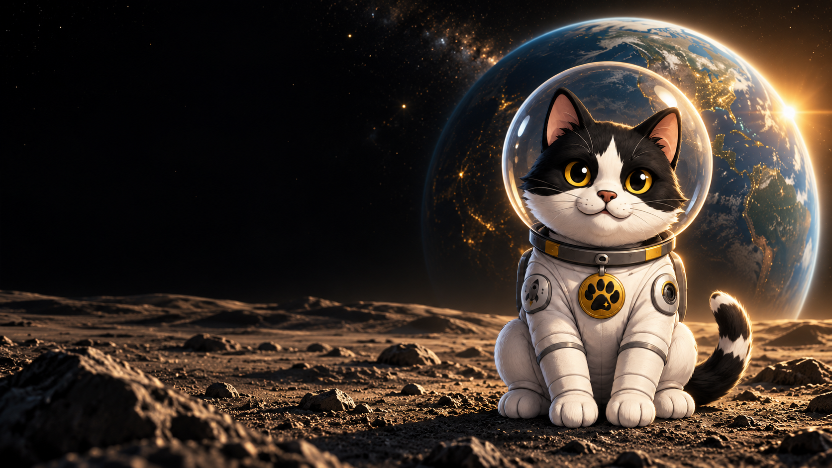 SpaceCat on a moonlike landscape beneath a glowing Earth, an artistic tribute