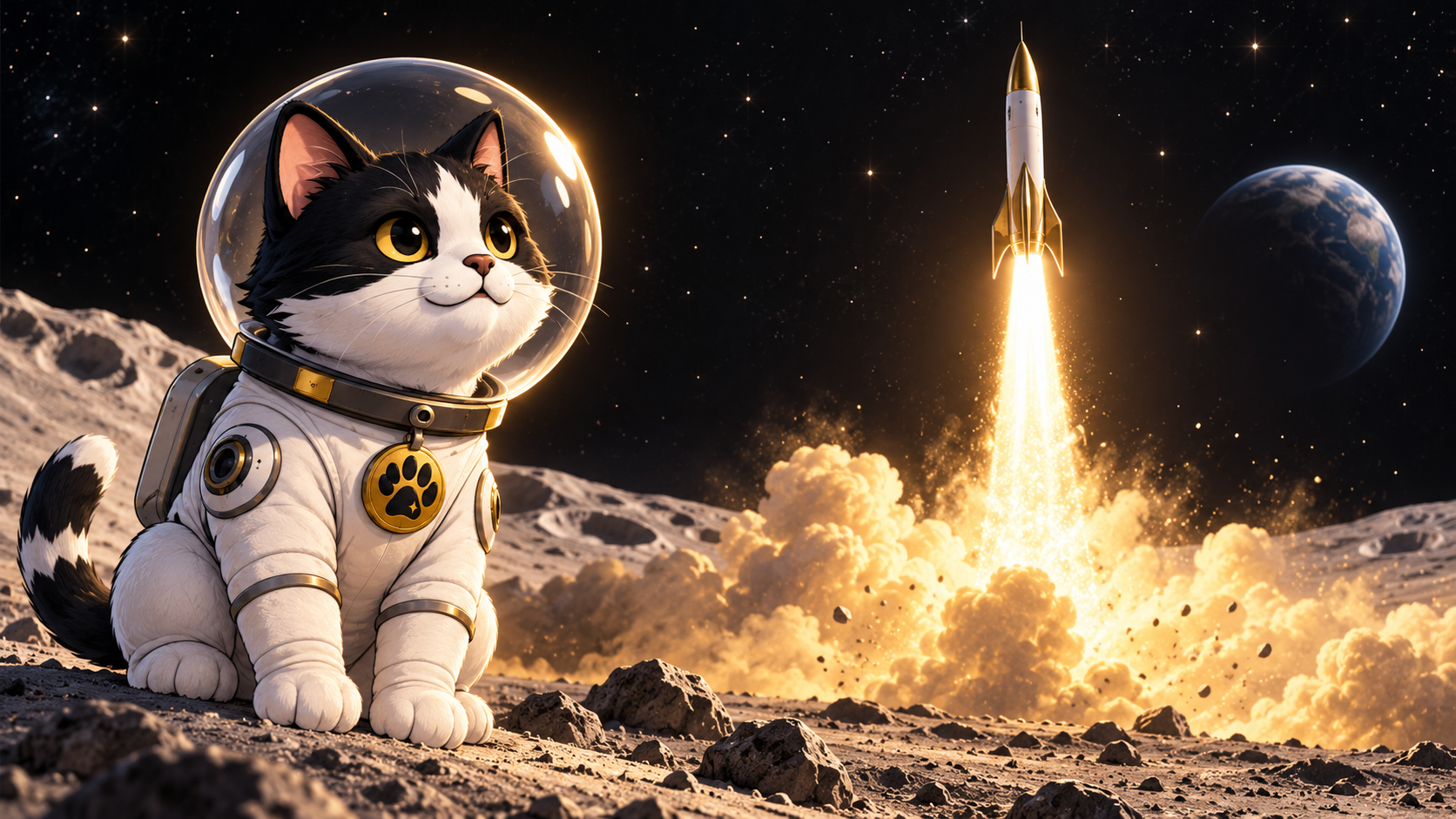 SpaceCat watches a golden rocket launch from an imagined lunar landscape
